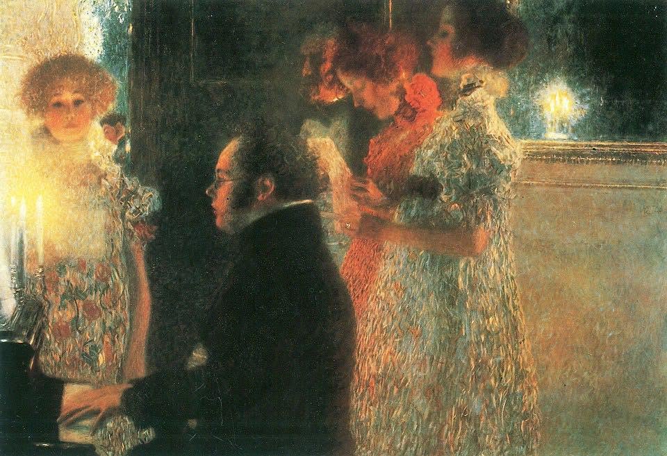 克林姆特(Gustav Klimt): 《鋼琴前的舒伯特》(1899年)。在「一戰」之前的「世紀末」,舒伯特還是維也納人的懷念。拉威爾也曾經在戰前,受到舒伯特的啓發,創作了鋼琴獨奏曲《高貴而感傷的圓舞曲》(1911年)。