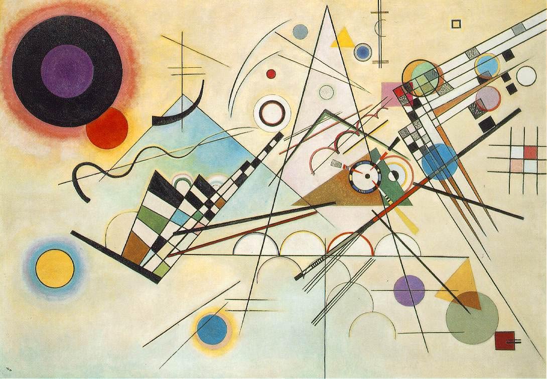 康丁斯基(Vassily Kandinsky):《構成 VIII 》(Composition VIII, 1923年) 比普羅高菲夫《第三號鋼琴協奏曲》遲兩年的這幅「幾何抽象」繪畫,音樂與繪畫同樣體現出「一戰」之後的「現代禮讚」。康丁斯基與普羅高菲夫都是寄居西方的俄國藝術家。